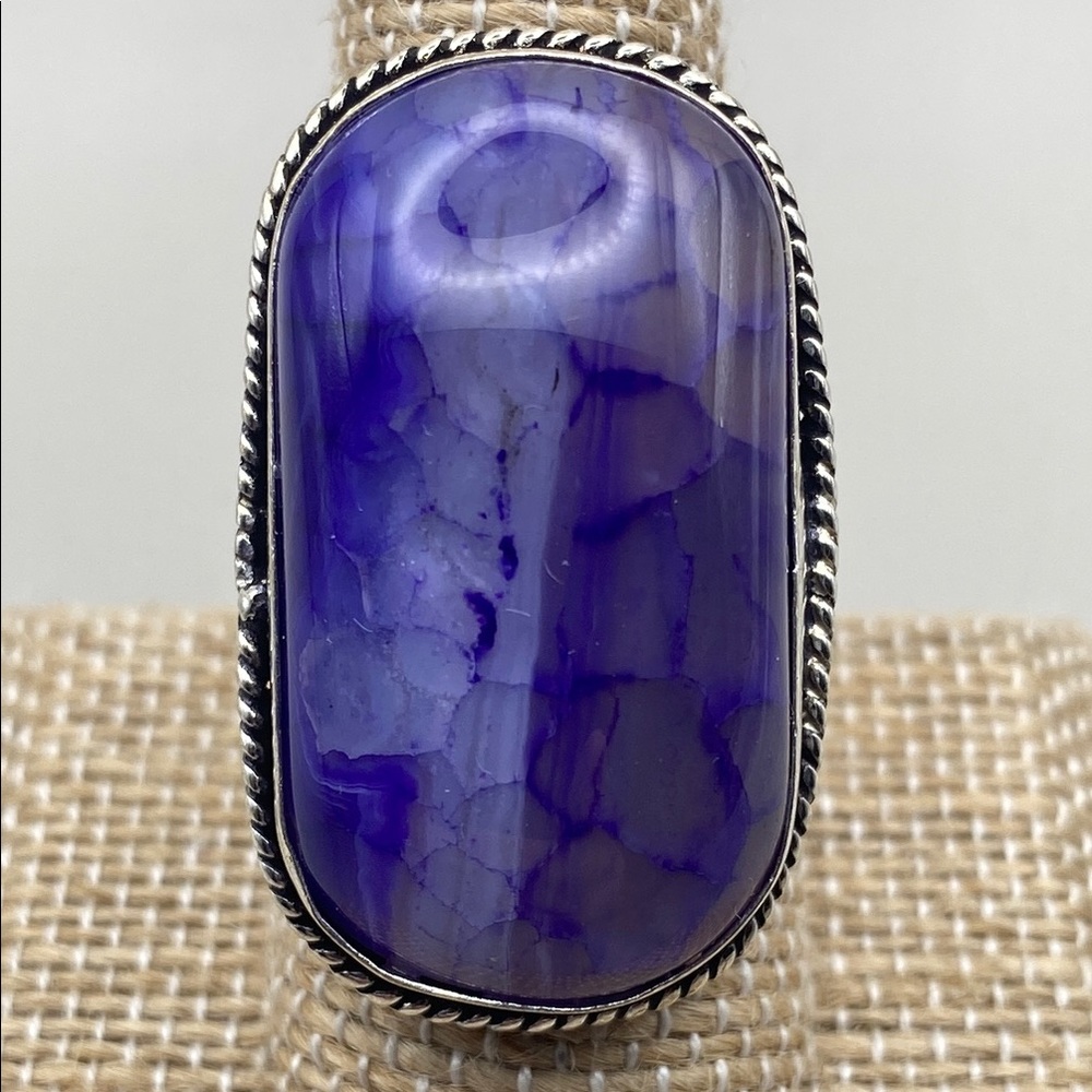 New Purple Dragon Vein Agate Stone Silver Overlay Ring Size 7.75
